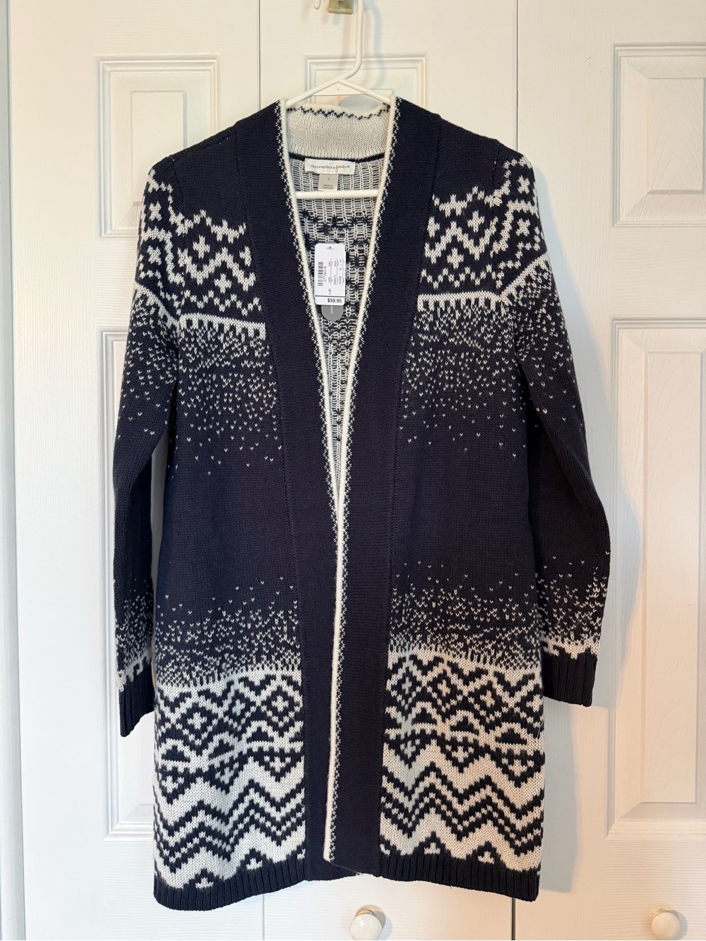 Christopher & Banks Navy and White Open‑Front Patterned Cardigan